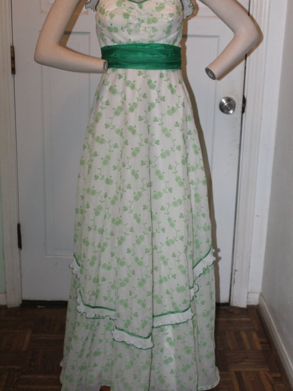 Vtg 1970s Nadine Strapless Eyelet Embroidery Overskirt Fancy Back Long Dress